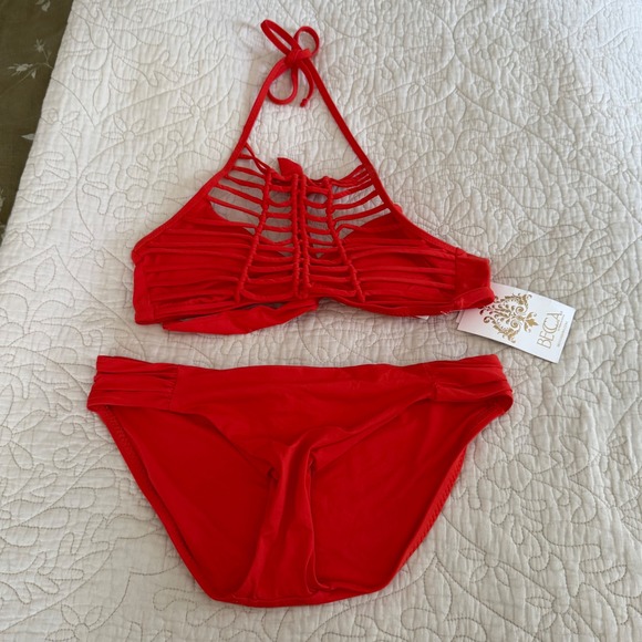 BECCA by Rebecca Virtue Other - BECCA Red Macrame Cage Halter Bikini Set Medium Y2K Resort Swimsuit NWT